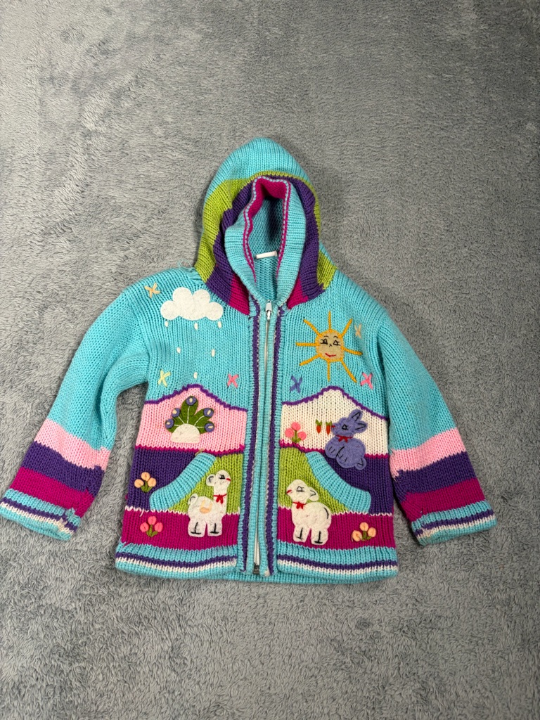 Peruvian Handmade Kids Hooded Zip Cardigan Aqua Animals 0